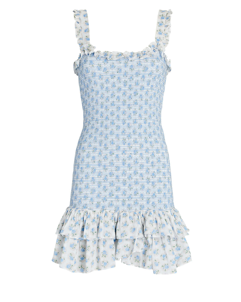 Dare to be bold and romantic in the Breyer Mini Dress by Loveshackfancy! With a delicately printed rosebud pattern, this dress boasts a flattering silhouette with a ruffle-trimmed square neckline and a fitted, smocked bodice. The whimsical ruffle-trimmed straps and layered hem will add a touch of adventure to your wardrobe.