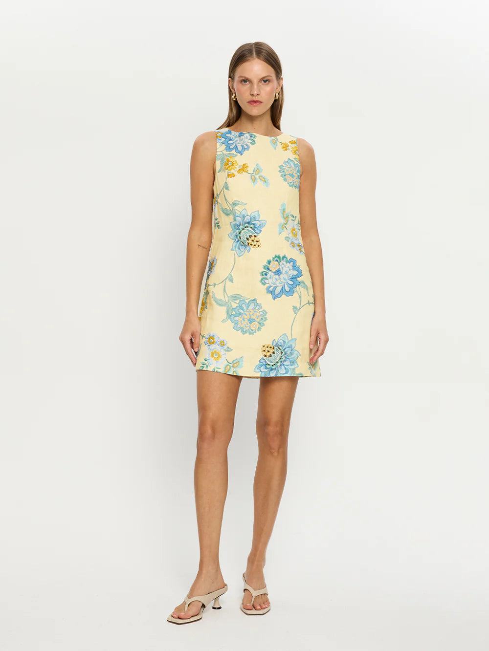 The Giselle Mini Dress combines intricate blue-toned vine florals with a fresh butter base, creating a refined and elegant look. Made from 100% linen, it offers breathable comfort and a lightweight feel ideal for warm weather. The dress features a sophisticated high boat neck and a square back neckline accented with contrast ties, adding a delicate, tailored finish to the silhouette. Perfect for those seeking both style and comfort, this piece seamlessly blends artistry with effortless wearability.