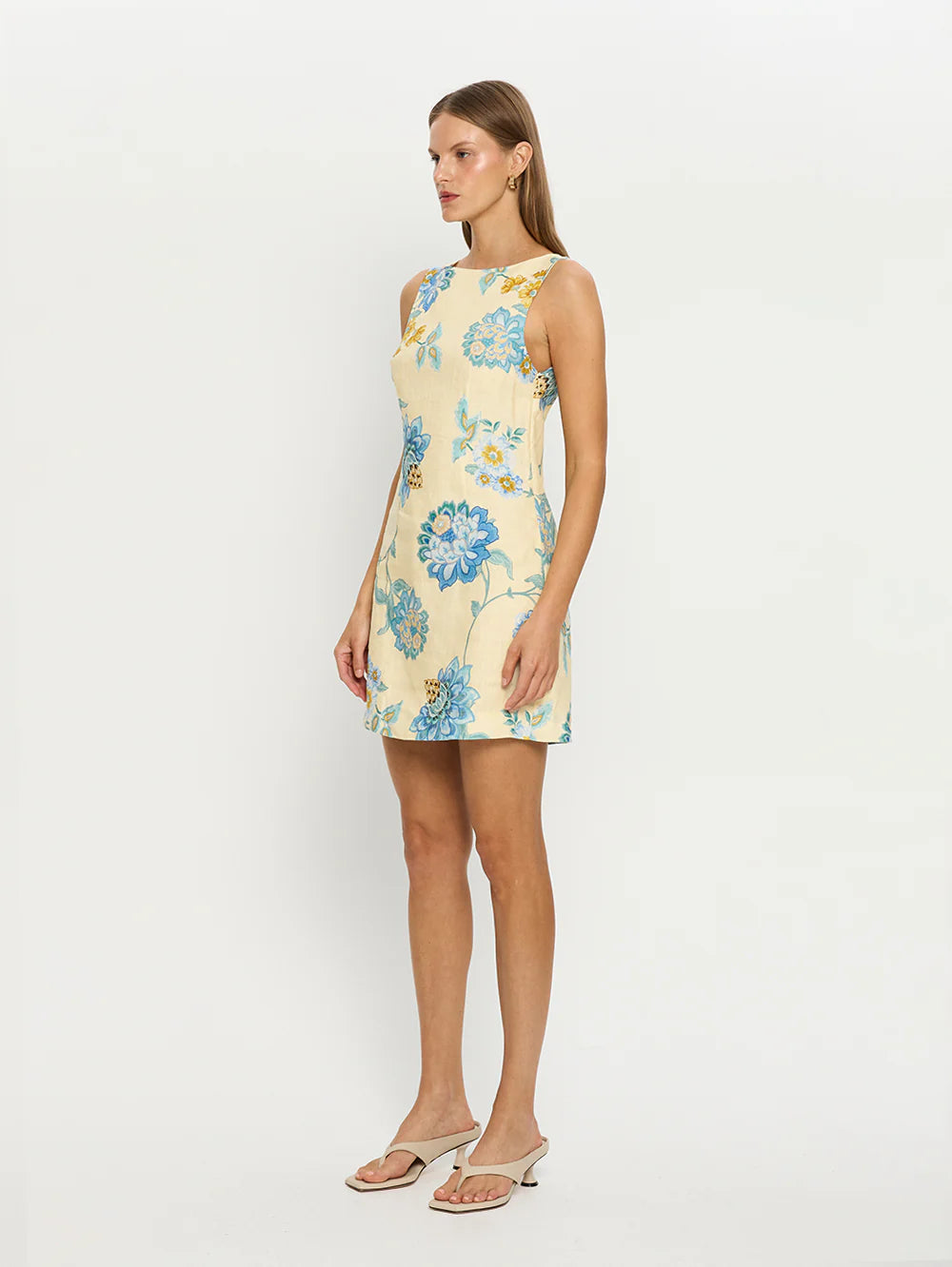 The Giselle Mini Dress combines intricate blue-toned vine florals with a fresh butter base, creating a refined and elegant look. Made from 100% linen, it offers breathable comfort and a lightweight feel ideal for warm weather. The dress features a sophisticated high boat neck and a square back neckline accented with contrast ties, adding a delicate, tailored finish to the silhouette. Perfect for those seeking both style and comfort, this piece seamlessly blends artistry with effortless wearability.