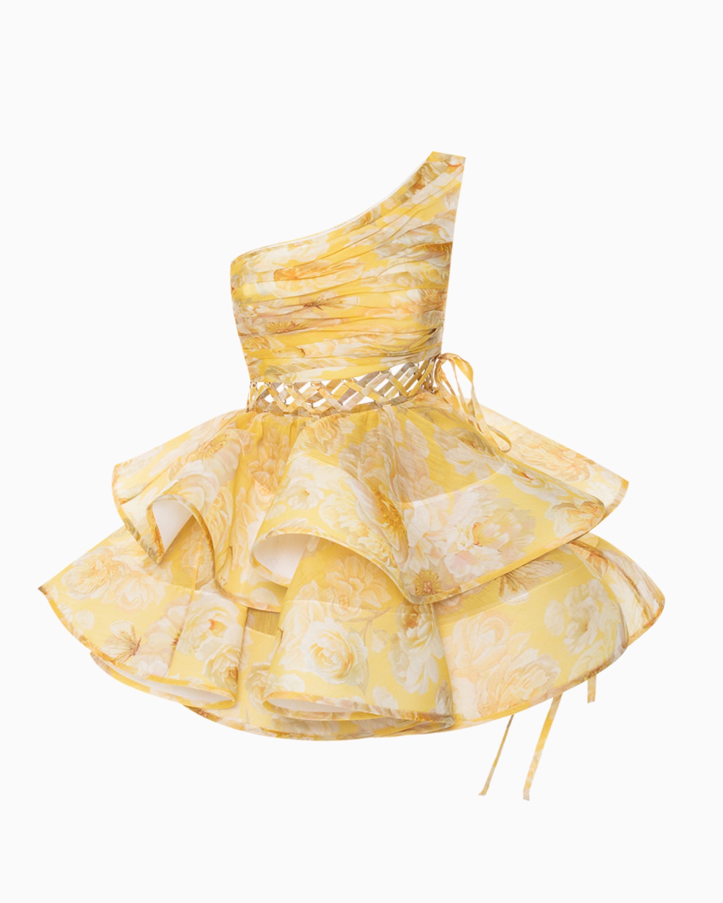 The Iris Mini Dress by YVON combines premium linen silk fabric with a delicate yellow floral print inspired by fairy forest blossoms. Its handcrafted asymmetrical bodice enhances feminine contours with refined subtlety, while the adjustable waist lacing ensures a perfectly sculpted silhouette. This dress expertly merges romantic elements with sophisticated craftsmanship, making it an exceptional choice for those seeking elegance with distinctive style.