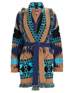 Load image into Gallery viewer, Indulge in the elegance of Alanui&#39;s Icon Cashmere-Wool Wrap Cardigan. Crafted from plush cashmere-wool jacquard, this luxurious boho staple features a shawl collar, fringe trim, and geometric motifs. With convenient side slash pockets and an optional sash tie belt, it&#39;s the epitome of sophisticated style.
