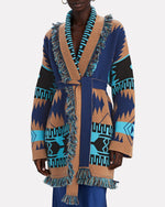 Load image into Gallery viewer, Indulge in the elegance of Alanui&#39;s Icon Cashmere-Wool Wrap Cardigan. Crafted from plush cashmere-wool jacquard, this luxurious boho staple features a shawl collar, fringe trim, and geometric motifs. With convenient side slash pockets and an optional sash tie belt, it&#39;s the epitome of sophisticated style.
