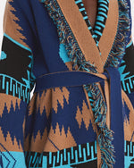 Load image into Gallery viewer, Indulge in the elegance of Alanui&#39;s Icon Cashmere-Wool Wrap Cardigan. Crafted from plush cashmere-wool jacquard, this luxurious boho staple features a shawl collar, fringe trim, and geometric motifs. With convenient side slash pockets and an optional sash tie belt, it&#39;s the epitome of sophisticated style.
