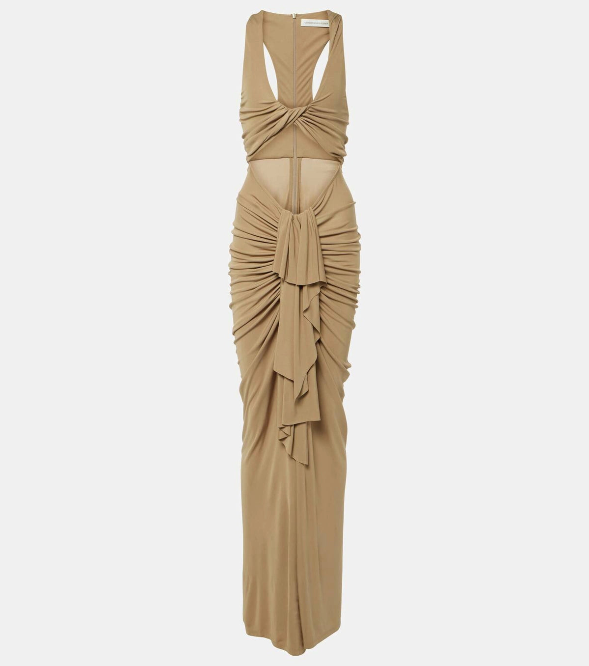 Experience comfort and style with our Vivenda Draped Jersey Maxi Dress by Christopher Esber. Handcrafted in India, this dress features a flattering fit and a stretchy fabric for a perfect fit. The zipped back closure ensures easy wear and a designer color, Incense, adds a touch of elegance. Perfect for any occasion, this dress is true to size and will make you stand out.