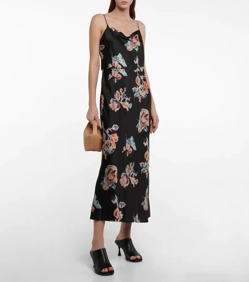 Experience luxury and elegance with our Floral Cowl-neck Satin Slip Dress. Made with high-quality satin material, this dress features a cowl-neck design and midi length. The perfect combination of sensual and stylish, this dress will make you feel confident and glamorous for any occasion.