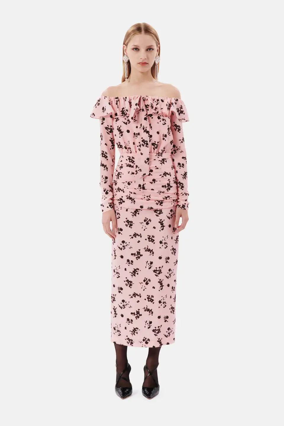 Expertly designed by ALESSANDRA RICH, this off-shoulder silk midi dress showcases a beautiful floral pattern. Exuding elegance and femininity, the dress is perfect for any occasion. Crafted with high-quality silk, it offers both style and comfort, making it a must-have in every wardrobe.