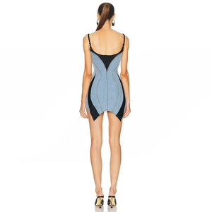 This MUGLER Blue &amp; Black Paneled Denim Minidress features a unique splicing design, adding a touch of sexy and alluring charm to your wardrobe. The backless halter style highlights your figure, while the slim fit enhances your silhouette. Perfect for a night out or special occasion.