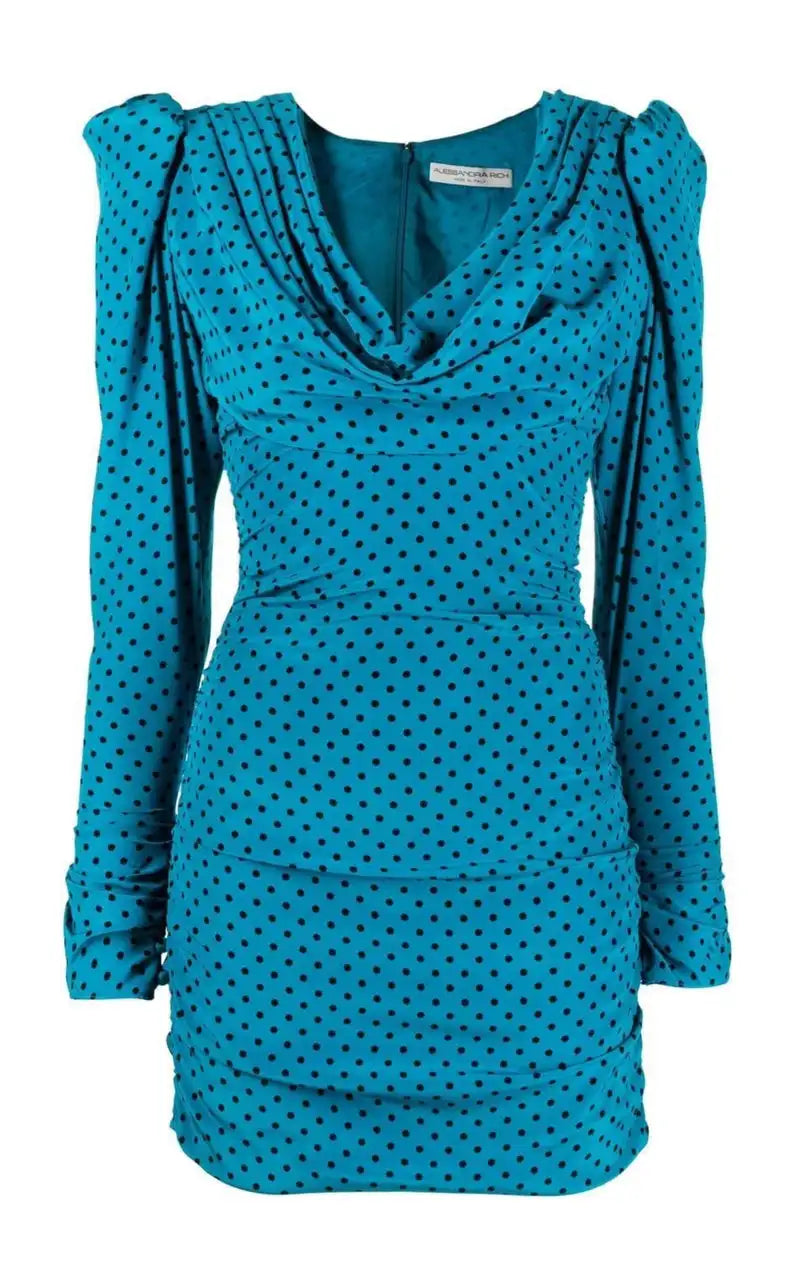 Expertly designed and crafted, the Alessandra Rich Polka-dot Silk Draped Mini Dress is a luxurious addition to any wardrobe. Made from high quality silk, this dress boasts a stunning blue dot design and flattering draped silhouette. Elevate any occasion with this sophisticated and timeless piece.