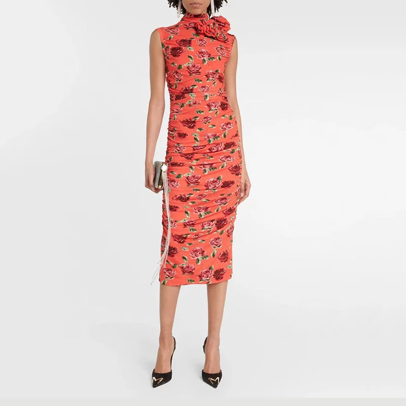 Experience the magic of vintage charm with the MAGDA BUTRYM Floral-appliqué printed midi dress. The high neck and cap-sleeve silhouette are adorned with delicate gathered rosette embellishments, adding a unique touch to the feminine floral print. Elevate your style with this imaginative piece that exudes elegance and sophistication.