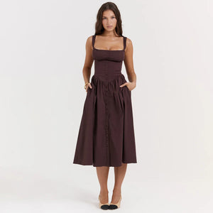 Experience the height of fashion with Dress Tatiana! This stunning midi dress features a spaghetti strap design and a beautiful brown color that will surely turn heads. Its flowing silhouette adds elegance to any outfit, making it perfect for any occasion. Be a trendsetter with Dress Tatiana!