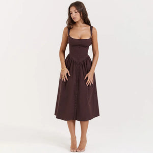 Experience the height of fashion with Dress Tatiana! This stunning midi dress features a spaghetti strap design and a beautiful brown color that will surely turn heads. Its flowing silhouette adds elegance to any outfit, making it perfect for any occasion. Be a trendsetter with Dress Tatiana!