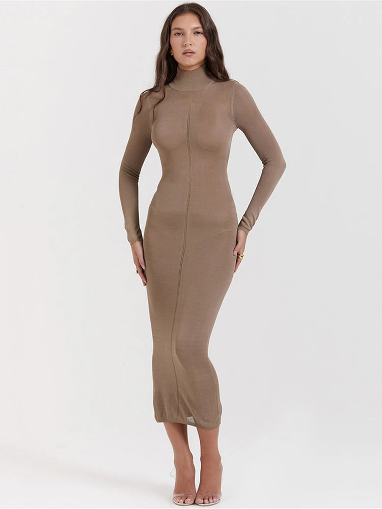 Introducing the Dress Nissa, the perfect combination of style and comfort. This turtleneck bodycon midi dress is designed with a sleek backless feature, making it a trendy addition to your wardrobe. Made for women, this dress offers a form-fitting look that flatters any figure. Get ready to turn heads at any occasion.