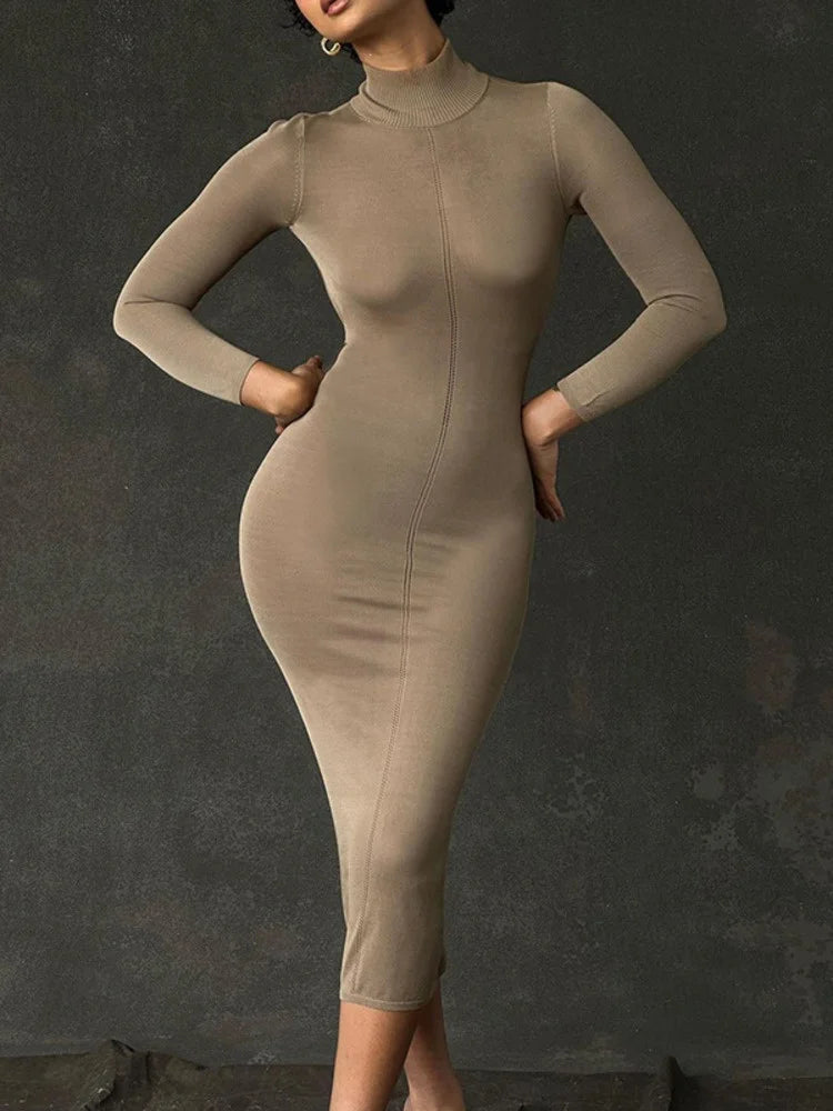 Introducing the Dress Nissa, the perfect combination of style and comfort. This turtleneck bodycon midi dress is designed with a sleek backless feature, making it a trendy addition to your wardrobe. Made for women, this dress offers a form-fitting look that flatters any figure. Get ready to turn heads at any occasion.