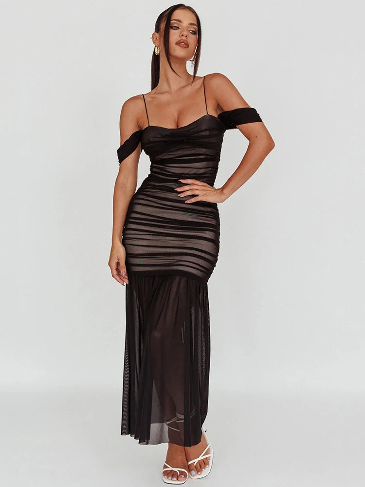 This elegant off-shoulder strapless maxi dress is the perfect addition to any woman's wardrobe. Its two-layer mesh design adds a touch of sophistication, while the backless feature adds a touch of allure. With its stylish and comfortable fit, this dress is sure to turn heads.