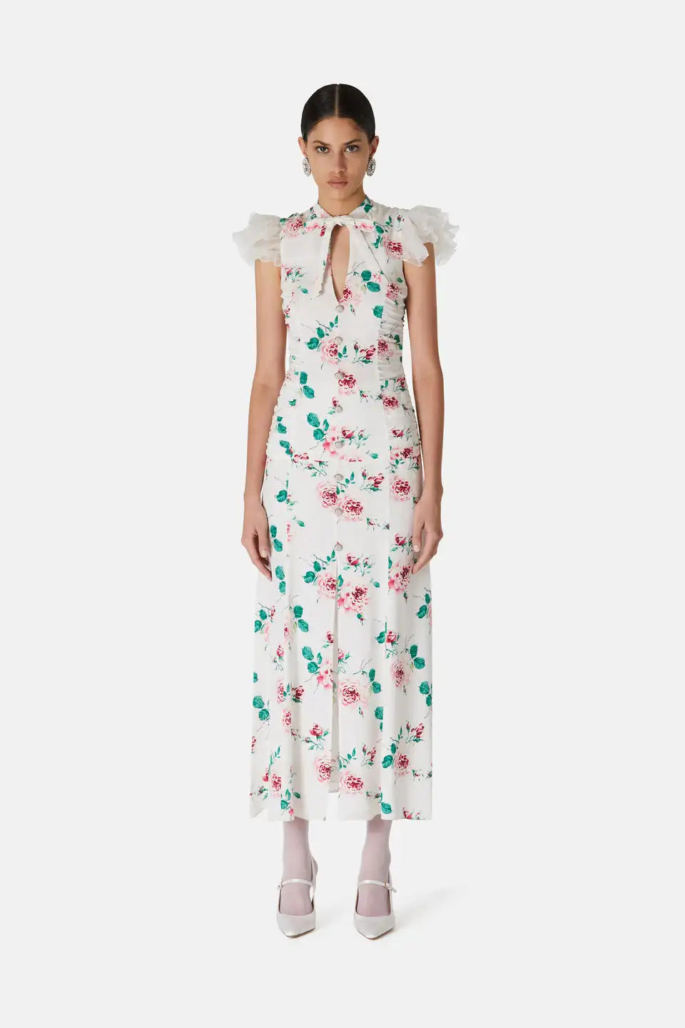 Introducing the new Alessandra Rich Floral Silk Midi Dress. This high-end designer dress boasts a handmade print and a stunning style. Elevate your wardrobe with this new release and make a statement with the luxurious silk fabric. Perfect for any occasion.