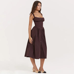Experience the height of fashion with Dress Tatiana! This stunning midi dress features a spaghetti strap design and a beautiful brown color that will surely turn heads. Its flowing silhouette adds elegance to any outfit, making it perfect for any occasion. Be a trendsetter with Dress Tatiana!