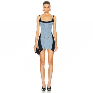 MUGLER Blue & Black Paneled Denim Minidress Petite Chrie MUGLER Blue & Black Paneled Denim Minidress Petite Chrie