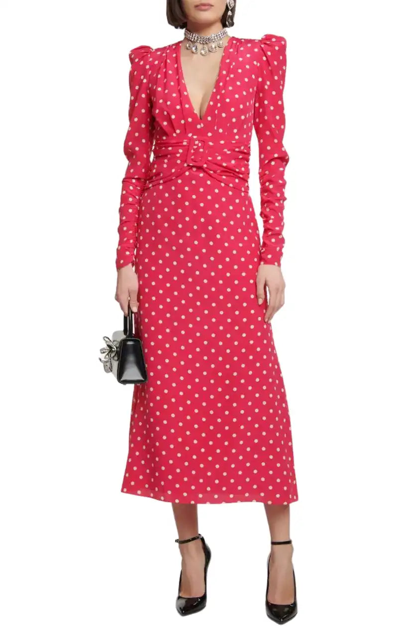Alessandra Rich Silk Polka-Dot Midi Dress Petite Chrie Alessandra Rich Silk Polka-Dot Midi Dress Petite Chrie