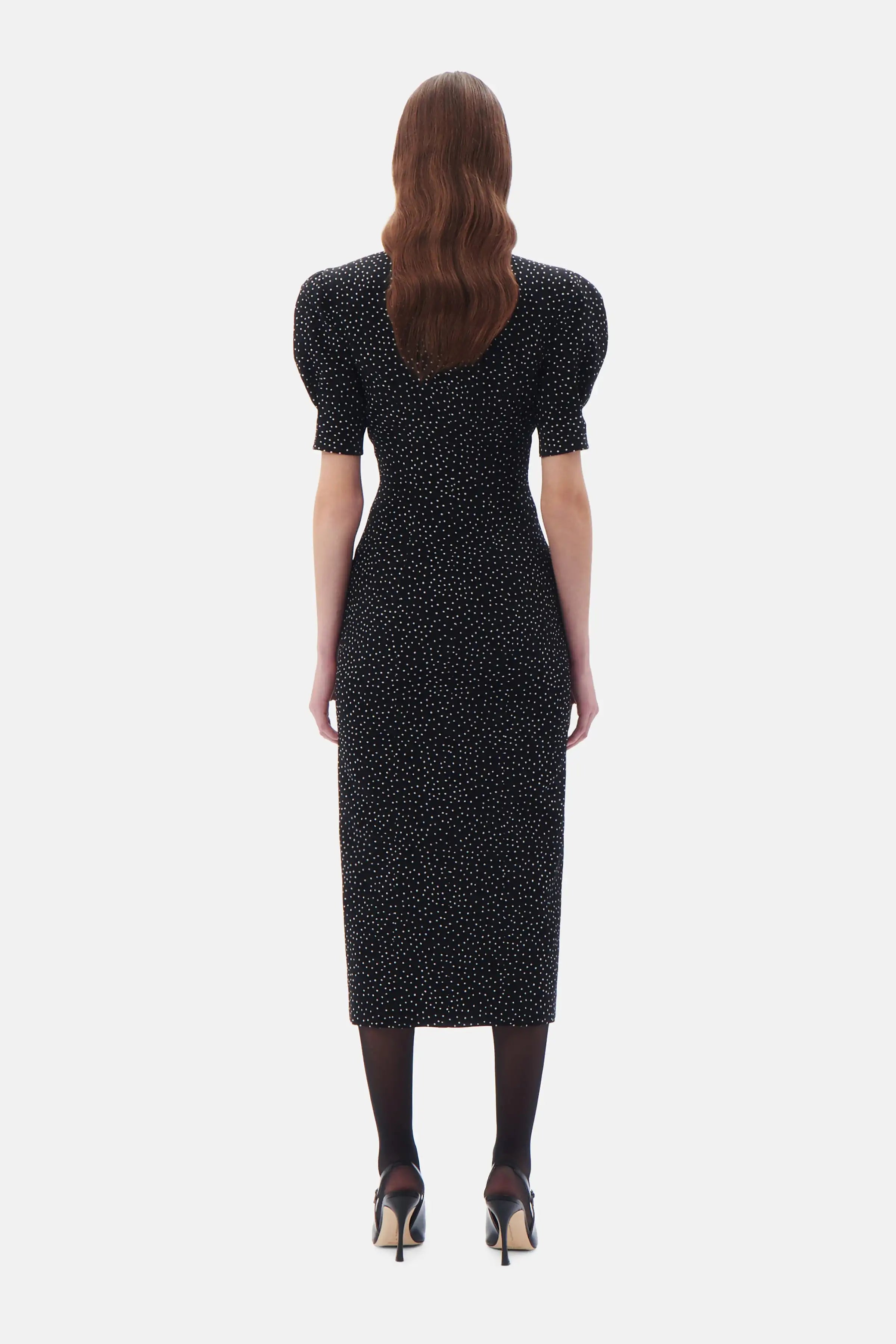 alessandra rich black polka dot dress Alessandra Rich Bow-detailed Pleated Polka-dot Silk Midi Dress in Black