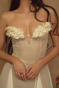 Crafted from delicate silk chiffon, the Valentina Dress in Butter features exquisite handcrafted floral appliqués precisely placed on the bust, creating a unique motif inspired by a weekly bouquet of roses. The 1/8-inch chiffon crisscross straps at the bust center add refined detail, while the dress includes a full separate lining, allowing for versatile styling options. A discreet center back zipper ensures a tailored fit, combining elegance with comfort for a sophisticated silhouette.