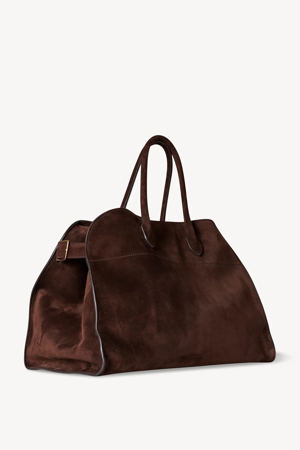 Discover the ultimate in luxurious and everyday style with The Row's Soft Margaux 17 suede tote. Expertly crafted in Italy from supple mocha brown suede, this bag features two rolled top handles, gusseted sides, and a spacious canvas lining. Upgrade your wardrobe with this effortlessly chic and versatile bag.