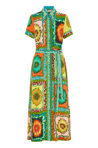 Expertly crafted with a fitted shirtdress silhouette, the Disco Daisy Shirtdress by Alemais exudes effortless style. Its shaped collar and stand add a touch of sophistication, while the concealed placket and self tie belt offer a flattering fit. With a subtle flair in the skirt, make a statement in this multi-coloured dress.