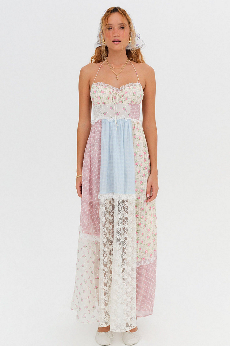 Indulge in the elegance of our Elula Maxi Dress. Its mixed print fabrication and patchwork-inspired design create a picturesque silhouette, while the lace-up back detail and feminine sweetheart-neckline add a touch of sophistication. With a fitted bodice and A-line hem, this dress is the perfect balance of comfort and style.