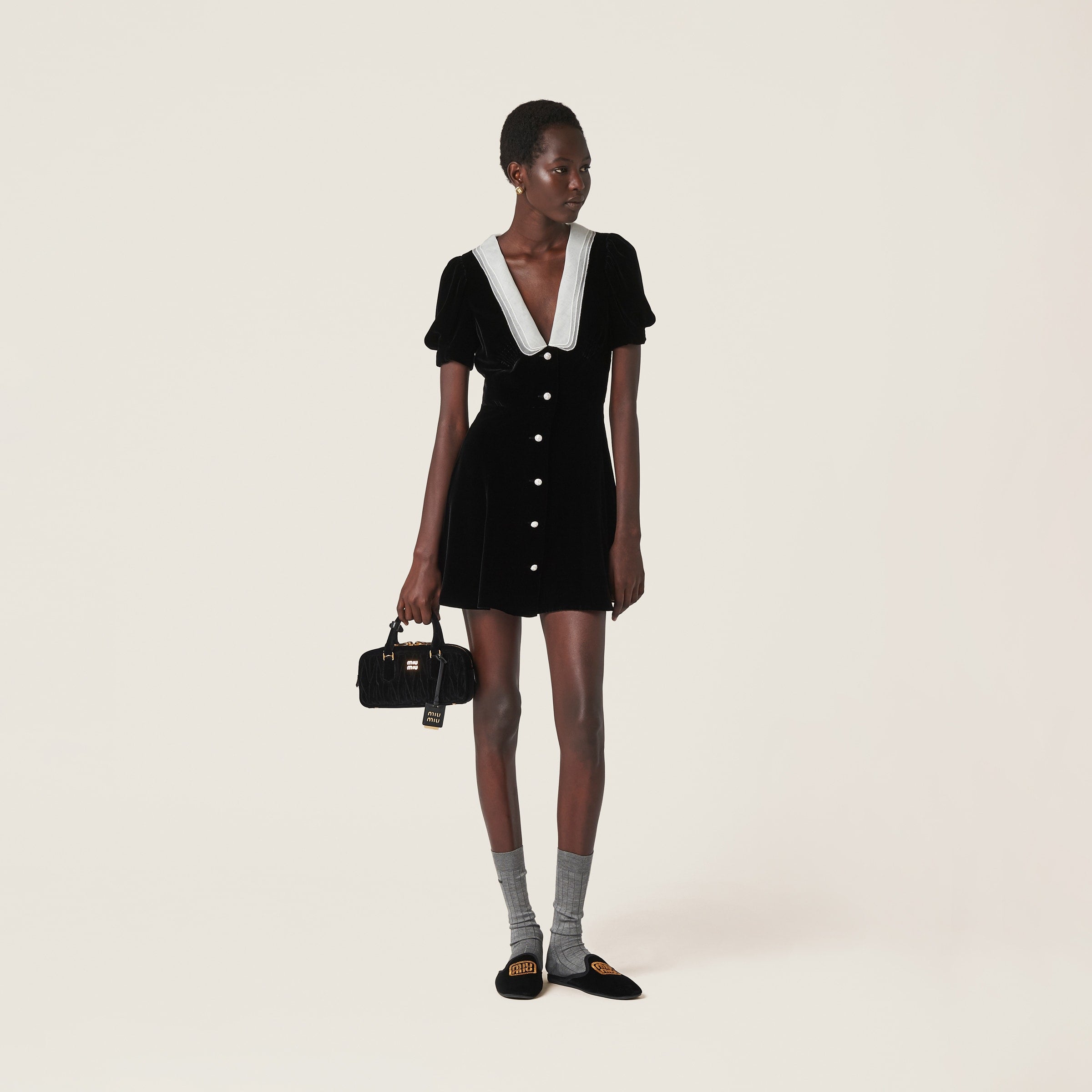 Miu Miu V-neck Organza-trimmed Velvet Minidress