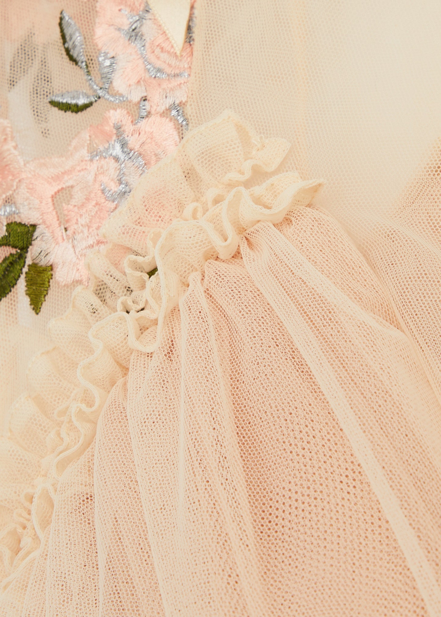 This floral-embroidered tulle midi dress by Simone Rocha embodies romance and elegance with its delicate sheer fabric and calf-length silhouette. Satin bows at the shoulders add a touch of refinement, while intricate floral embroidery, ruffled trims, and ruched details create a captivating, feminine look. Its flowing, loose skirt offers graceful movement, making it perfect for any special occasion where you want to stand out with timeless charm.