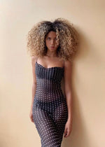 Load image into Gallery viewer, Indulge in luxury with the Gisele Maxi Dress from Rat &amp; Boa! This silk slip dress features a sophisticated polka dot design and a flattering, figure-skimming silhouette that will make you feel like a sexy siren. Its signature cowl neck and open back add a touch of elegance and allure. Embrace the glamour and confidence of the 90s with Gisele!
