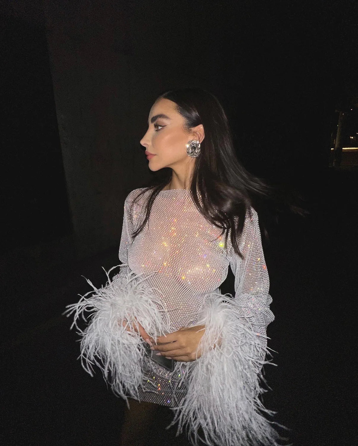 Indulge in the luxurious feel of the Feathers Mini Dress. This mini dress features wide sleeves and an ostrich feather that adds a touch of elegance. Crafted from open knit fabric with rhinestone embellishments throughout, this dress is perfect for making a statement at any event.