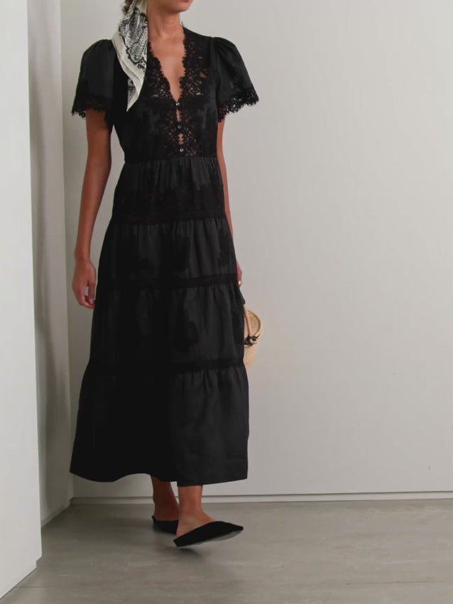 Introducing the Graciela by Doen—a dreamy midi that whispers romance with every twirl. Crafted from breezy ramie and adorned with delicate tonal corded lace panels, this dress is pure enchantment. The flattering V-neckline and charming puffed sleeves frame you beautifully, while the tiered skirt adds movement and dimension. Pair it with simple mules and your favorite vintage treasures for an effortlessly chic look that feels both timeless and utterly you.