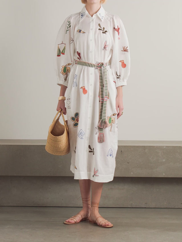 Discover the Mina dress from ALÉMAIS, a Resort '26 runway debut featuring hand-embroidered details by Belgian-Moroccan studio LRNCE. Constructed from lightweight, breathable ramie, this midi shirt dress offers a relaxed, oversized fit ideal for warm climates. The detachable striped belt cinches the waist for a customizable silhouette that works from day into evening. Effortlessly chic and endlessly versatile.