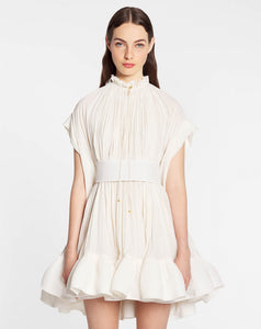 Effortlessly elegant, the LANVIN Short Charmeuse Dress is made from luxurious flowing fabric with short sleeves, a neck tie, and fitted waist for a flattering silhouette. The wide belt adds a touch of sophistication, while the horsehair adds volume and lightness to the dress. Perfect for any formal occasion.