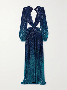 This PatBO gown is the epitome of attention-grabbing eveningwear. Crafted from mesh and adorned with light-reflecting sequins, it features a stunning ombré effect that fades from dark to light blue. The plunging neckline is complemented by dramatic waist cutouts and an open back, adding a touch of sensuality to this stunning piece.