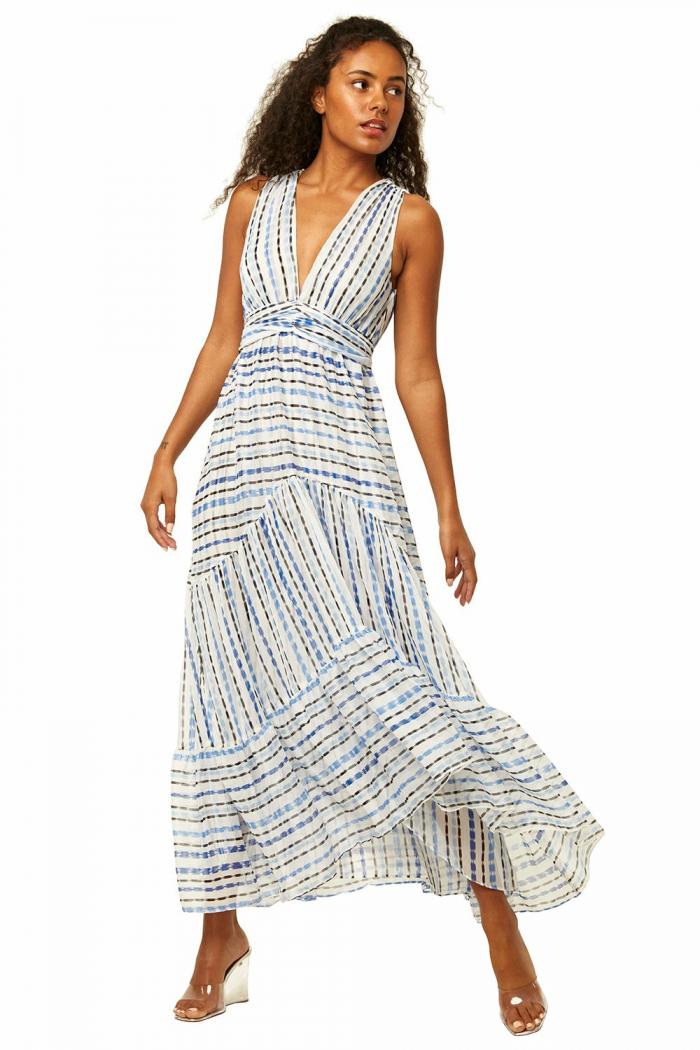 Introducing our Robe Misa - the perfect off-duty staple with a gorgeous vertical stripe chiffon design. Effortlessly stylish and comfortable, this maxi dress is sure to become your go-to for any occasion. Elevate your wardrobe with the Dominika maxi dress.