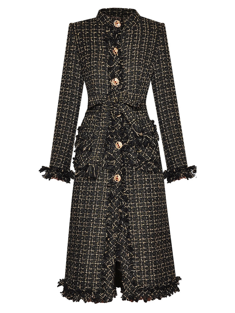 Introducing Manteaux Lafonya - the perfect addition to your fall and winter wardrobe. This high-quality designer coat features long sleeves, a single-breasted design, and elegant fringe details. Stay warm and stylish with this fashionable overcoat.