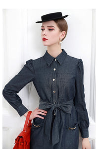 Experience effortless style with the Robe Madelina. This denim dress boasts a flattering A-line silhouette and a comfortable over knee length. Perfect for the early spring season, this dress will elevate your wardrobe with a touch of celebrity-inspired elegance. Channel your inner fashionista with this must-have piece.