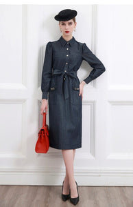 Experience effortless style with the Robe Madelina. This denim dress boasts a flattering A-line silhouette and a comfortable over knee length. Perfect for the early spring season, this dress will elevate your wardrobe with a touch of celebrity-inspired elegance. Channel your inner fashionista with this must-have piece.