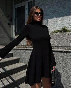 Upgrade your wardrobe with our Robe Kristina! This elegant knitted A-line mini sweater dress boasts a sexy turtleneck and flared sleeves. Perfect for any occasion, this dress will have you feeling confident and stylish. Stay warm and chic this season with our Robe Kristina.