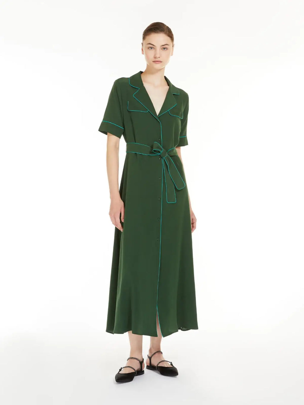 Elevate your style with MAX MARA's Jene Belted Silk Shirtdress. This French-inspired dress exudes a sophisticated and elegant persona with its versatile moss green color. The belted waist accentuates your figure while the medium length adds a touch of refinement. Perfect for formal occasions and embodies a light luxury aesthetic.